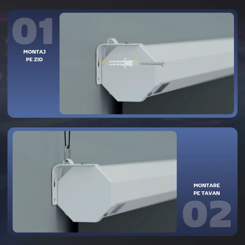 HOMCOM Ecran Proiector, Pânză pentru Proiector cu Fixare pe Perete și Tavan pentru Acasă și Birou, 236.8x8x158 cm, Alb