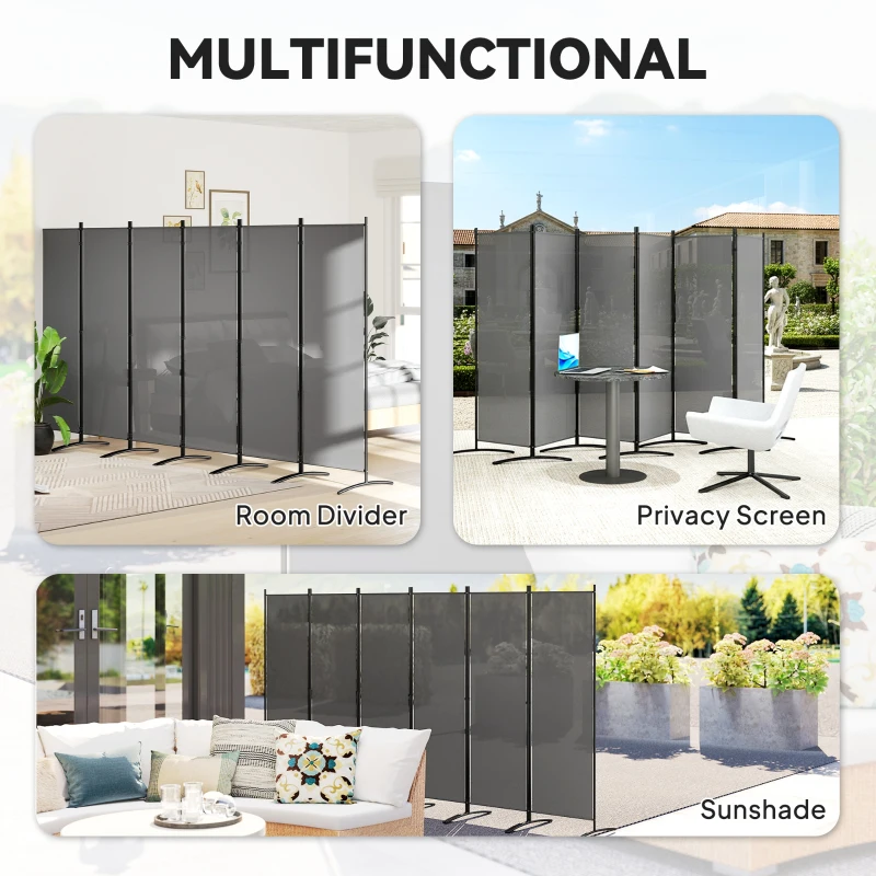 Outsunny 6 Panel Folding Room Divider Foldable Freestanding Garden Privacy Screen, 332 x 172 cm, Dark Grey