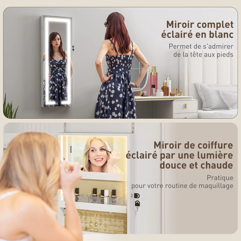 HOMCOM Armoire à bijoux avec LED, organisateur de bijoux mural/de porte verrouillable avec miroir, 37 x 10,5 x 108 cm, blanc