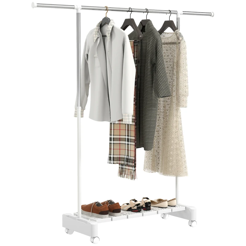 HOMCOM Stendibiancheria Estensibile con Ruote e Freno, Ripiano Porta Scarpe e Struttura in Acciaio Inox, Bianco