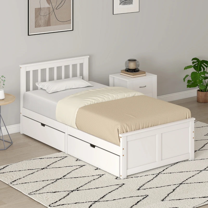 HOMCOM Wooden Single Bed Frame, with Drawers - White