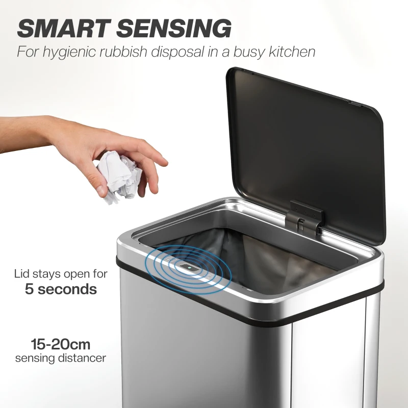 HOMCOM 50L Sensor Bin with Quiet Soft-Close Lid, Automatic Touchless Motion Sensor Kitchen Bin with Fingerprint Resistant Stainless Steel for Hygienic Gyms, Home Office Use, Silver Tone