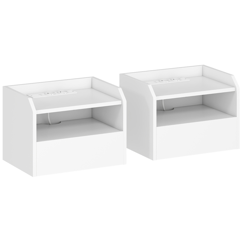 HOMCOM Lot de 2 Tables de Chevet Flottantes avec Station de Charge Tiroir Étagère Ouverte 40x29x29 cm blanc