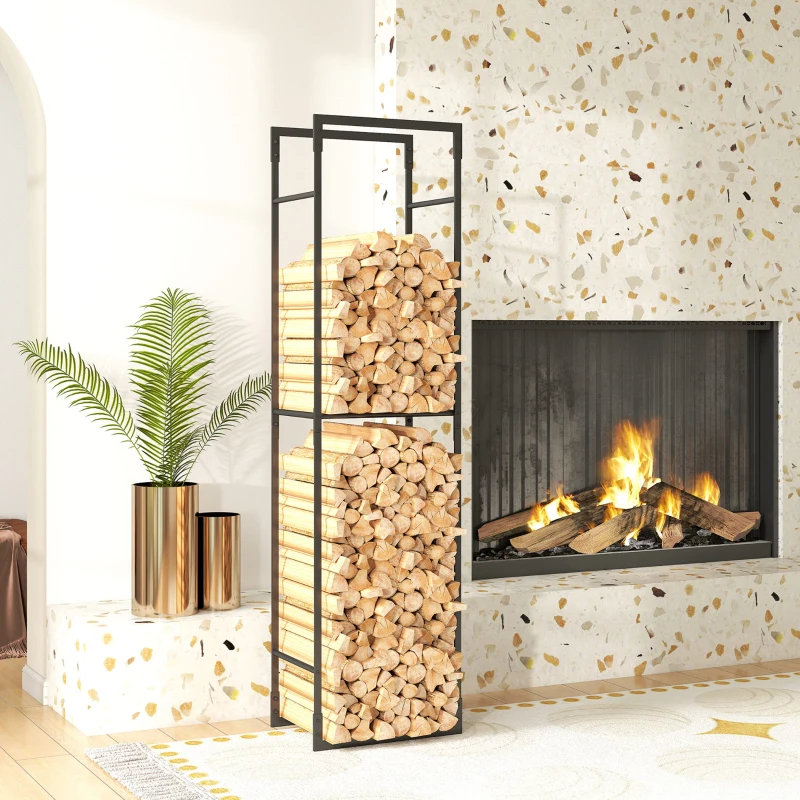 Outsunny Metal Firewood Log Holder, Heavy Duty Firewood Rack with Adjustable Shelf, Indoor Outdoor Fireplace Wood Storage Shelf, 45 x 31 x 170 cm, Black