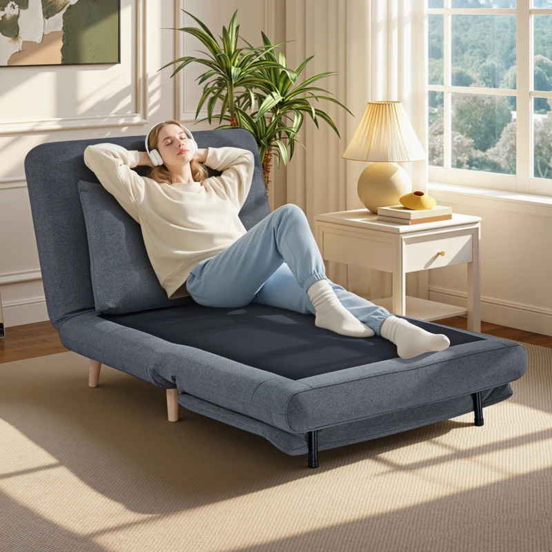 HOMCOM 3-in-1 slaapfauteuil met bedfunctie, ligfauteuil, verstelbare rugleuning, beukenhouten poten, kussen, grijs