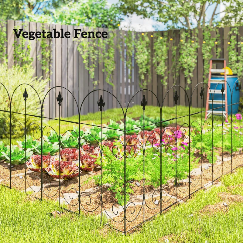 Outsunny Decorative Garden Fencing, 8PCs 44in x 12.5ft Outdoor Picket Fence Panels, Rustproof Metal Wire Landscape Flower Bed Border Edging, Black