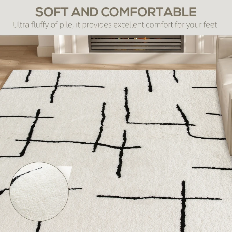 HOMCOM Modern Fluffy Area Rug, Geometric Pattern Washable Rug, Soft High Pile Floor Carpet for Living Room, Bedroom, Dining Room, Home Office, 170 x 120 cm, Cream