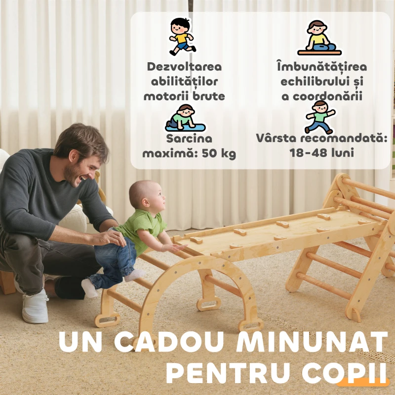 AIYAPLAY Joc pentru Copii 5 în 1 cu Triunghi, Tobogan Neted și Arc, din Lemn de Plop și Pin, 188x70x59 cm