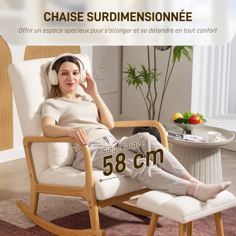 HOMCOM Fauteuil à bascule avec repose-pieds, rocking chair en tissu bouclette, pieds en bois, 64,5 x 82 x 89 cm, blanc