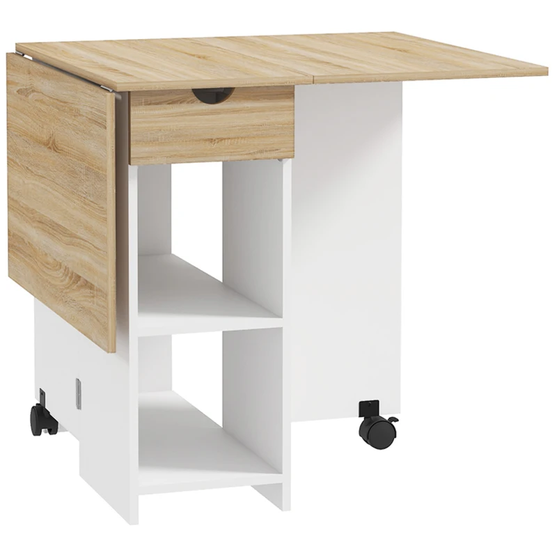 HOMCOM Folding Dining Table, Drop Leaf Table for Small Spaces, Foldable Table with Drawer and Storage Shelves for Kitchen, Dining Room, Oak