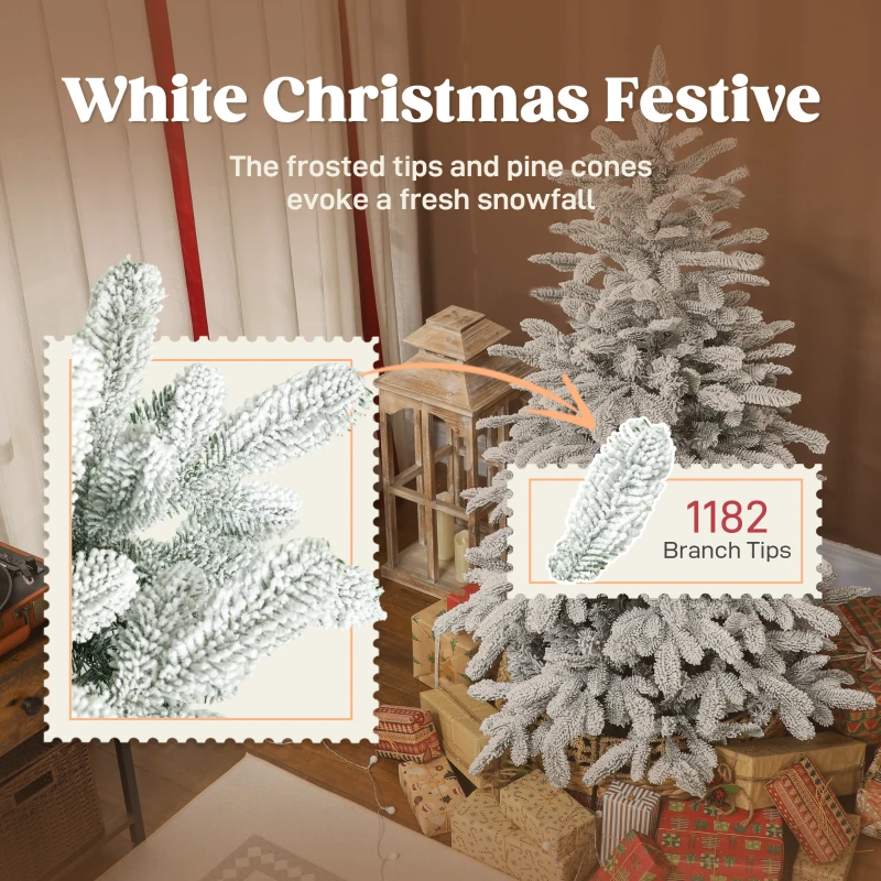 HOMCOM 6 ft Artificial Flocked Christmas Tree with 1182 Branches, Hinged Xmas Tree with Foldable Metal Stand, Easy Assembly for Home Office Decor
