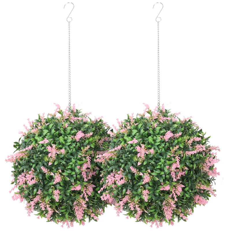HOMCOM Set of 2 Artificial Plant Topiary Balls, UV-protected Fake Decorative Plants, Pink