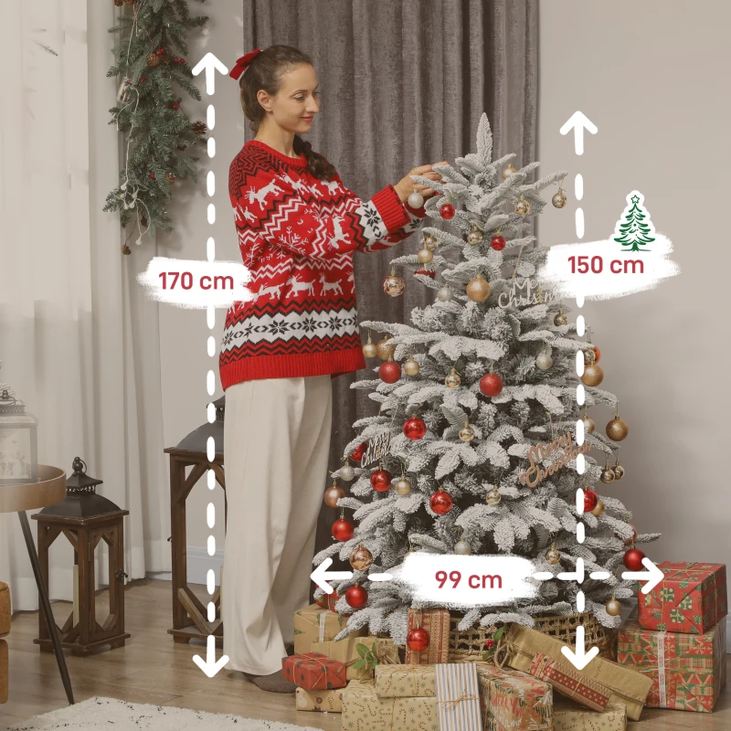 HOMCOM 5 ft Artificial Flocked Christmas Tree with 717 Branches, Hinged Xmas Tree with Foldable Metal Stand, Easy Assembly for Home Office Decor