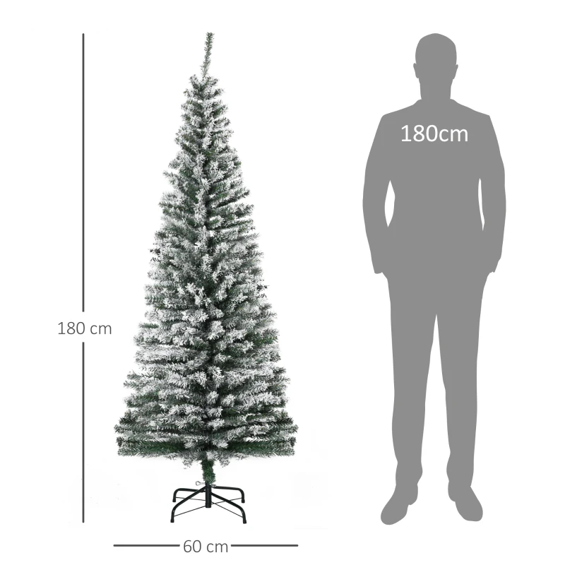 HOMCOM Albero di Natale Innevato in PP Verde con 492 Rami Ignifughi e Base in Acciaio Inox, Ø60x180 cm