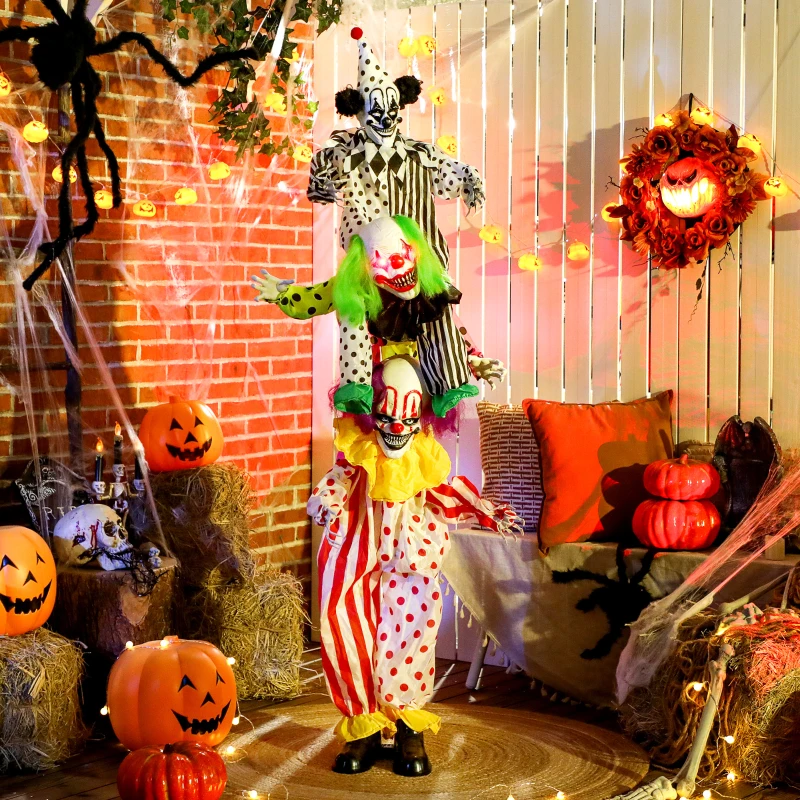Outsunny Life Size Stackable Halloween Animated Clown with Red Light Up Eyes, Sound Activated Scary Halloween Decorations, Battery Operated, Indoor Party Props