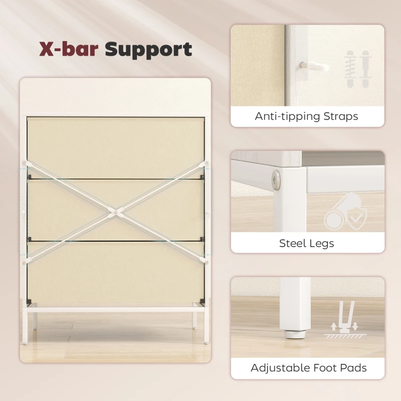 HOMCOM Chest of Drawers, Dresser with 3 Fabric Drawers and Aluminium Handles - White