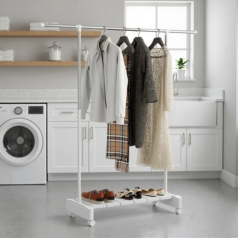 HOMCOM Stendibiancheria Estensibile con Ruote e Freno, Ripiano Porta Scarpe e Struttura in Acciaio Inox, Bianco