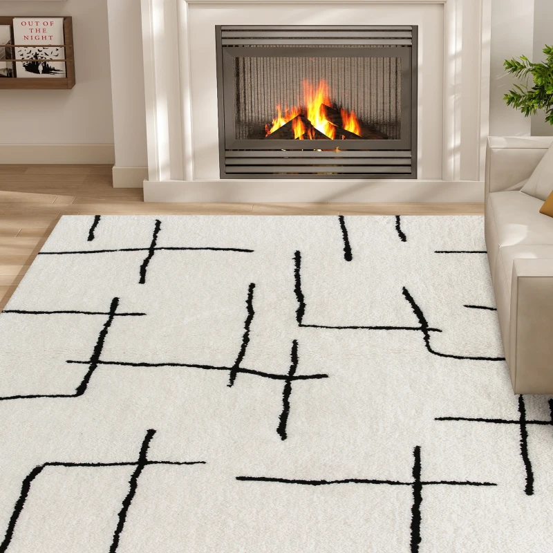 HOMCOM Modern Fluffy Area Rug, Geometric Pattern Washable Rug, Soft High Pile Floor Carpet for Living Room, Bedroom, Dining Room, Home Office, 170 x 120 cm, Cream