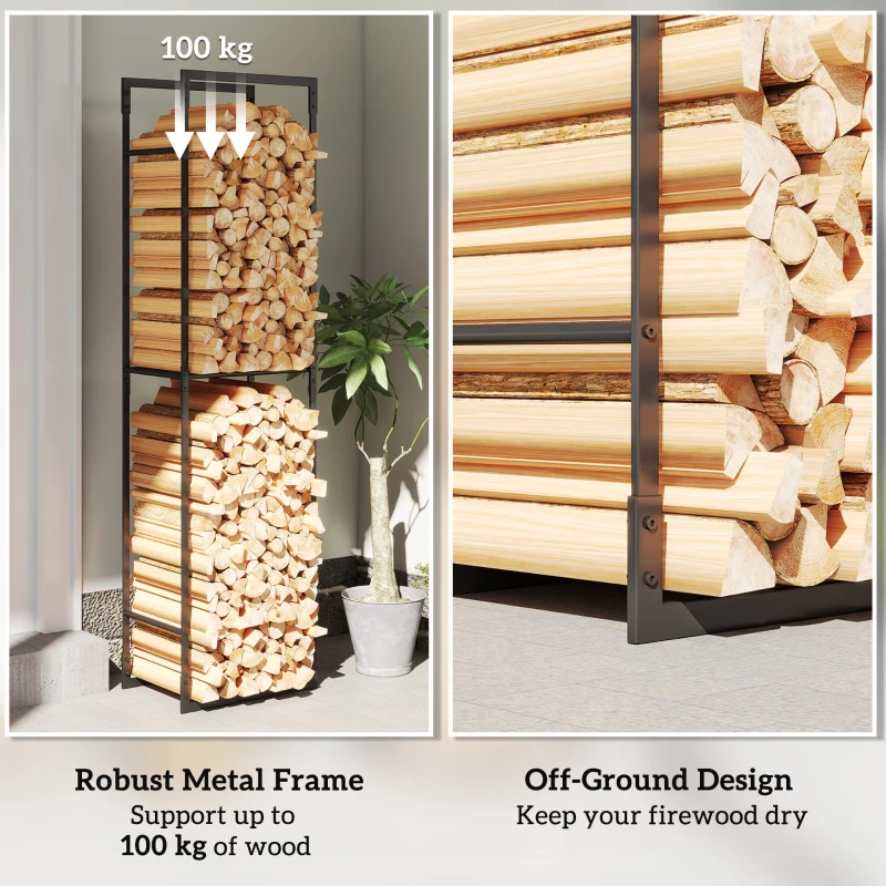 Outsunny Metal Firewood Log Holder, Heavy Duty Firewood Rack with Adjustable Shelf, Indoor Outdoor Fireplace Wood Storage Shelf, 45 x 31 x 170 cm, Black