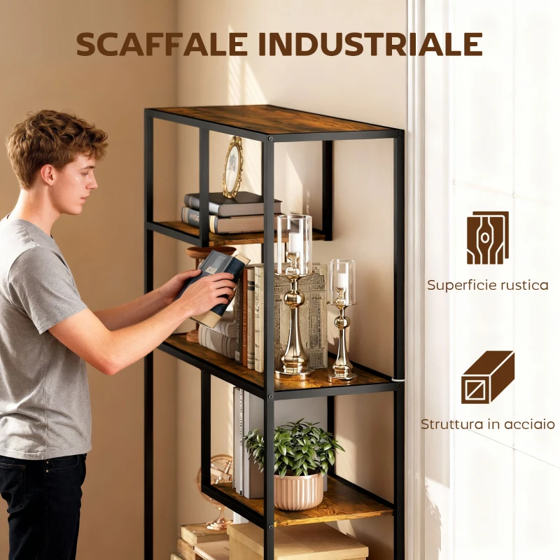 HOMCOM Mobile Libreria a 7 Livelli in Legno e Acciaio Stile Industriale, 83x34x180 cm, Marrone