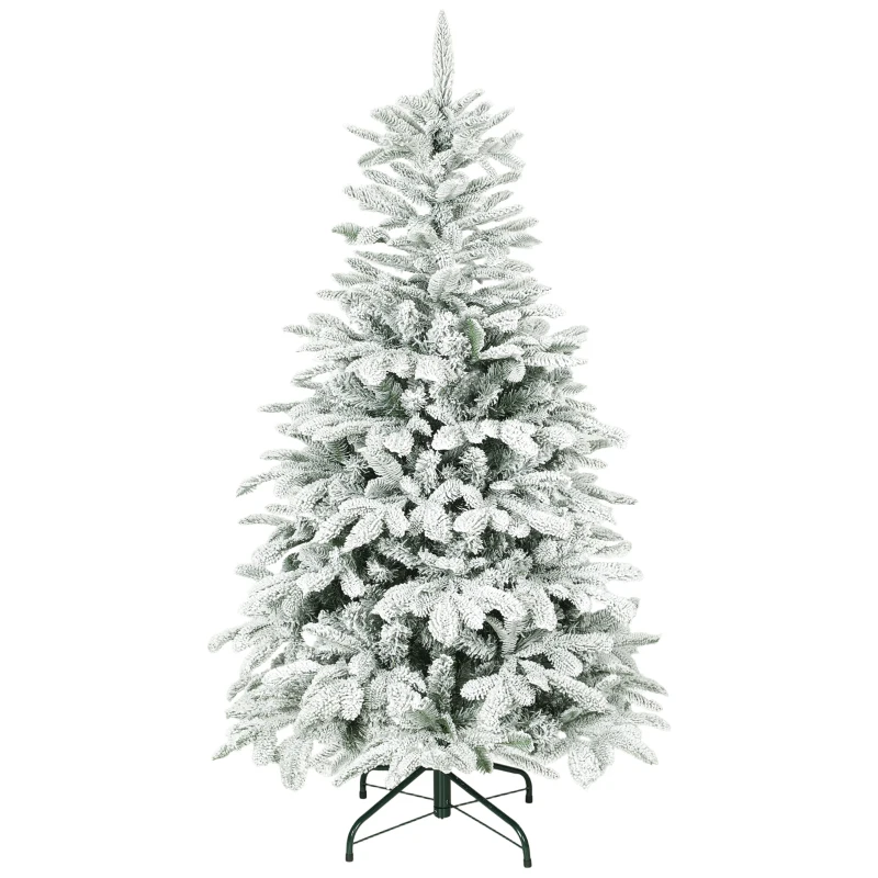 HOMCOM 5 ft Artificial Flocked Christmas Tree with 717 Branches, Hinged Xmas Tree with Foldable Metal Stand, Easy Assembly for Home Office Decor
