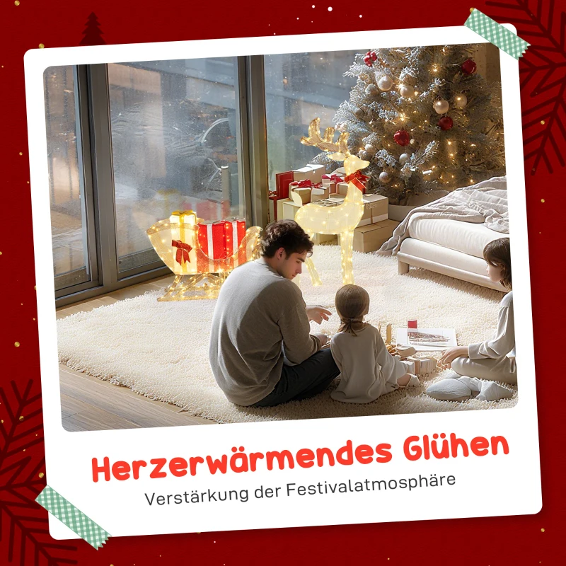 Outsunny Verlicht kerstrendier met slee, warmwitte LEDs, stalen frame, waterdicht, goudkleurig