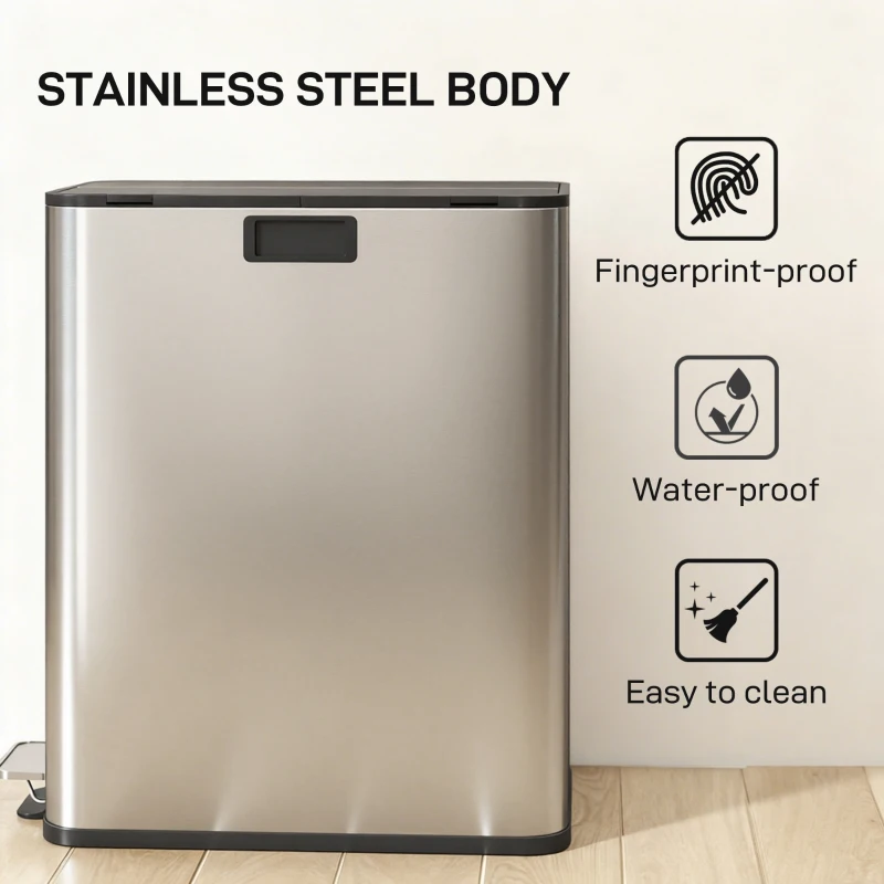 HOMCOM Dual Kitchen Bin with Soft-Close Butterfly Lid, 2 x 28L Stainless Steel Pedal Bin with Removable Inner Buckets, Fingerprint-Proof for Recycling and Waste, Silver Tone