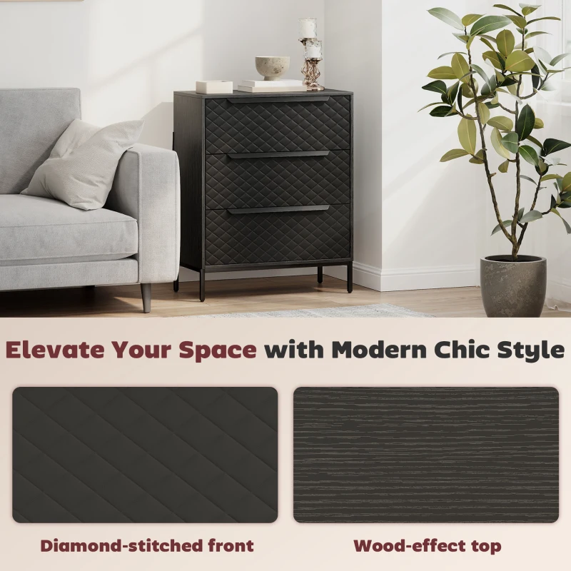 HOMCOM Chest of Drawers, Dresser with 3 Fabric Drawers and Aluminium Handles - Black