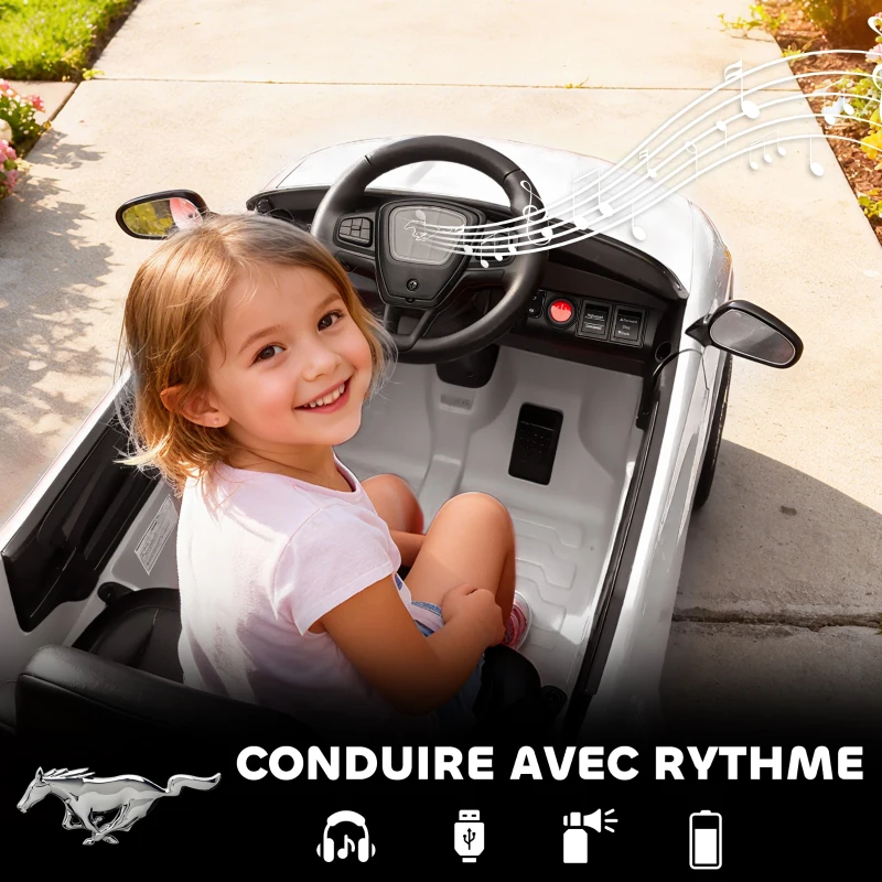 AIYAPLAY Voiture électrique enfant Ford Mustang Mach-E sous licence officielle 12 V télécommande 2,4 G 2 moteurs 92x55x44cm blanc