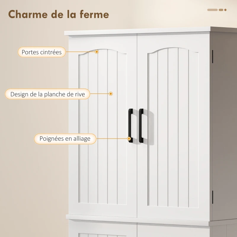 HOMCOM Buffet haut cuisine, armoire de cuisine, 4 portes, 10 niches, 8 porte-épices et étagères réglables, 60x35x162cm, blanc