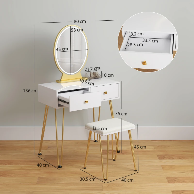 HOMCOM Dressing Table with LED Mirror and Cushioned Stool, Vanity Desk with Acrylic Lipstick Holder and 2 Drawers, Makeup Table for Bedroom, White