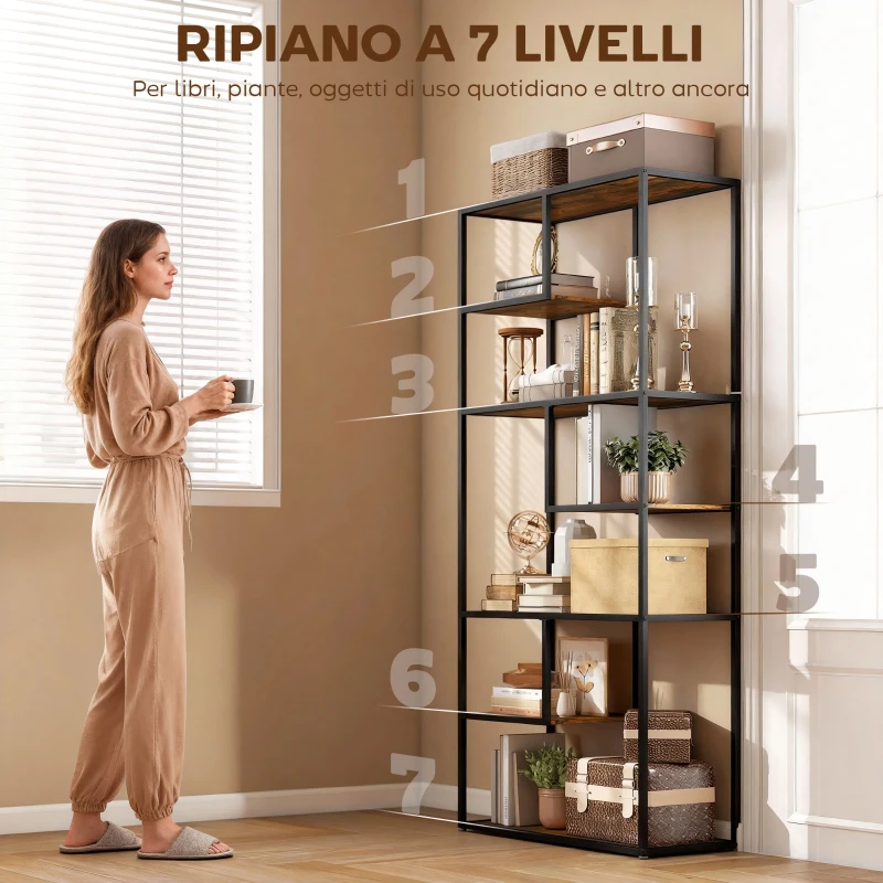 HOMCOM Mobile Libreria a 7 Livelli in Legno e Acciaio Stile Industriale, 83x34x180 cm, Marrone
