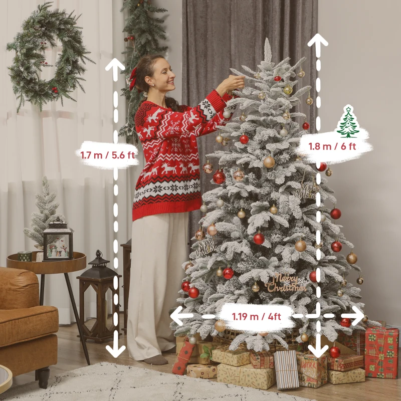 HOMCOM 6 ft Artificial Flocked Christmas Tree with 1182 Branches, Hinged Xmas Tree with Foldable Metal Stand, Easy Assembly for Home Office Decor