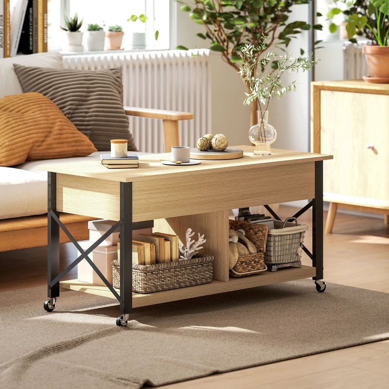 HOMCOM Mesa de Centro Elevatória com Rodas Compartimento Oculto e Prateleiras Abertas 105x50x67 cm Madeira e Branco