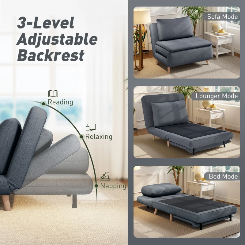 HOMCOM 3-in-1 slaapfauteuil met bedfunctie, ligfauteuil, verstelbare rugleuning, beukenhouten poten, kussen, grijs