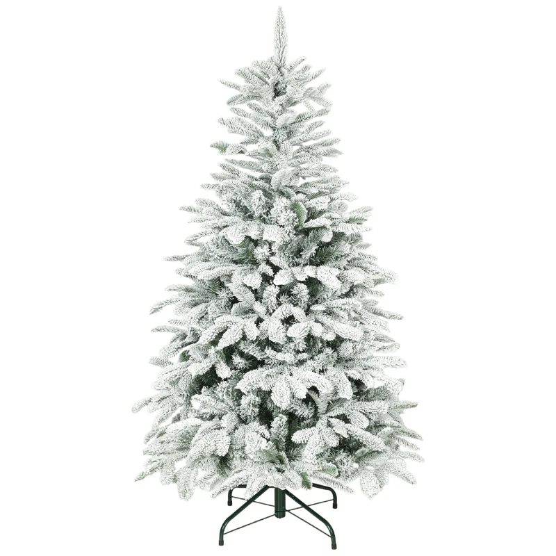 HOMCOM 5 ft Artificial Flocked Christmas Tree with 717 Branches, Hinged Xmas Tree with Foldable Metal Stand, Easy Assembly for Home Office Decor