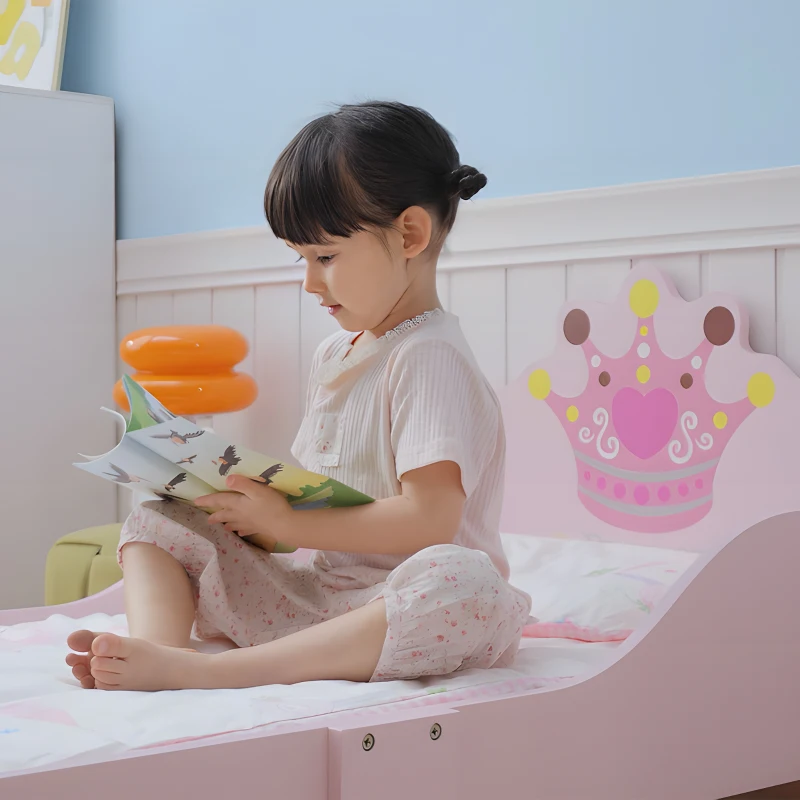 HOMCOM Cama Infantil de +3 Años 143x73x60 cm con Estampado de Corona Carga 50 kg para Dormitorio Rosa