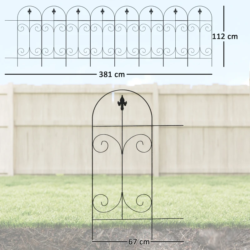 Outsunny Decorative Garden Fencing, 8PCs 44in x 12.5ft Outdoor Picket Fence Panels, Rustproof Metal Wire Landscape Flower Bed Border Edging, Black