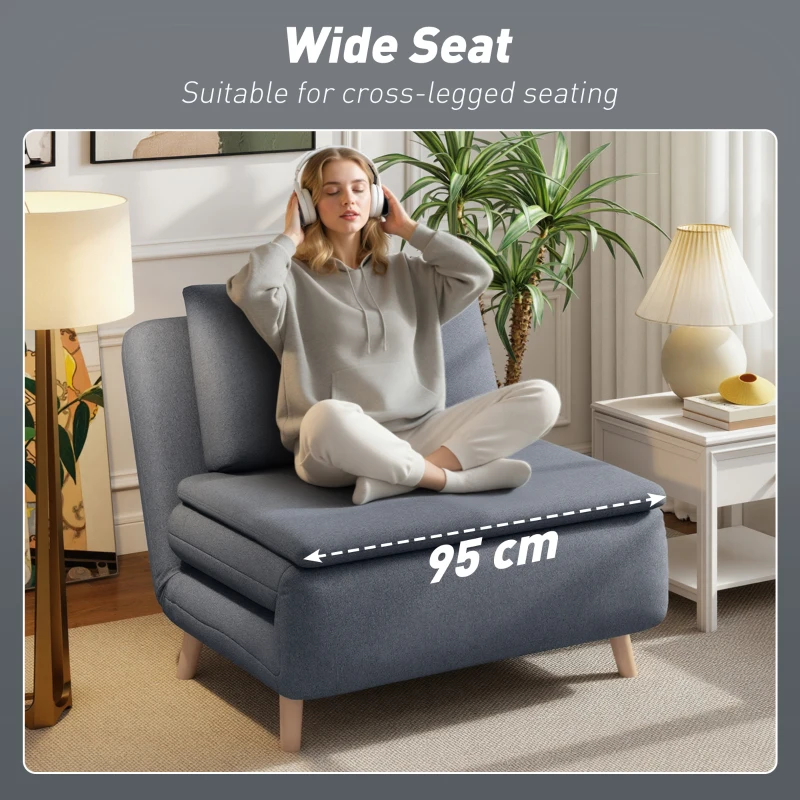HOMCOM 3-in-1 slaapfauteuil met bedfunctie, ligfauteuil, verstelbare rugleuning, beukenhouten poten, kussen, grijs