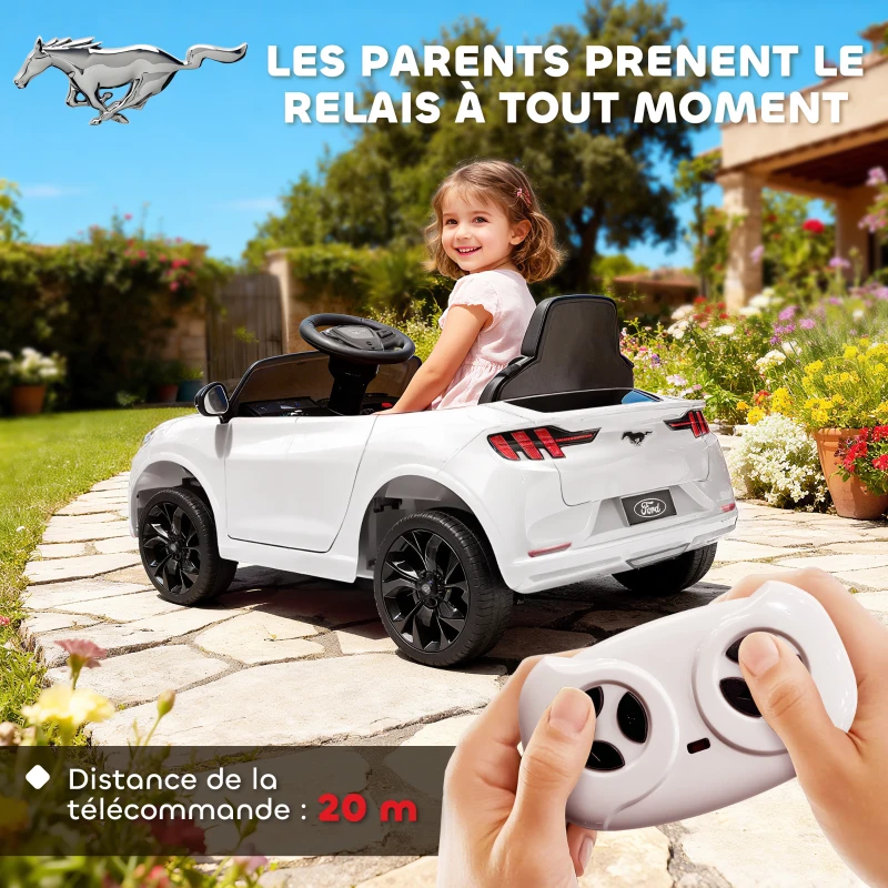 AIYAPLAY Voiture électrique enfant Ford Mustang Mach-E sous licence officielle 12 V télécommande 2,4 G 2 moteurs 92x55x44cm blanc