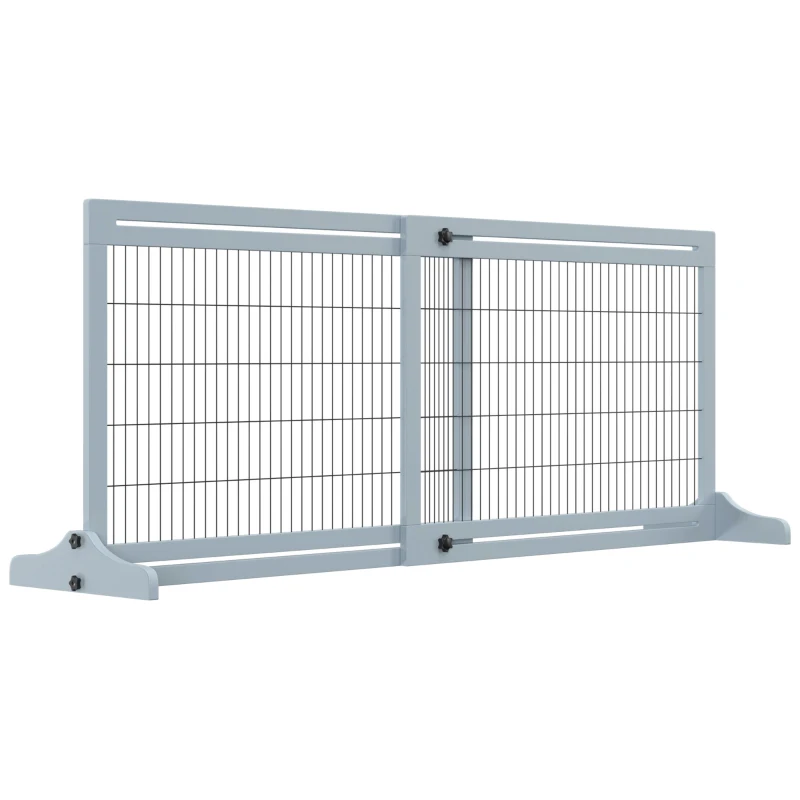 PawHut Freestanding Dog Gate, Foldable Pet Fence, Indoor Wood Barrier, Stair Gate with Support Feet, for Doorway, Hallway, Small and Medium Dogs, 69H x 104-183 cm, Blue-grey