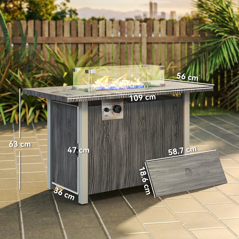 Outsunny 50,000 BTU Gas Fire Pit Table with Cover and Glass Screen - Dark Grey