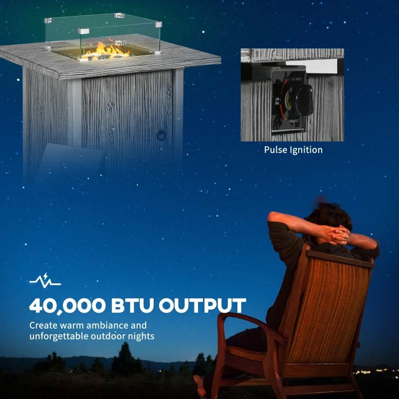 Outsunny 71cm 50,000 BTU Gas Fire Pit Table with Cover and Glass Screen - Grey
