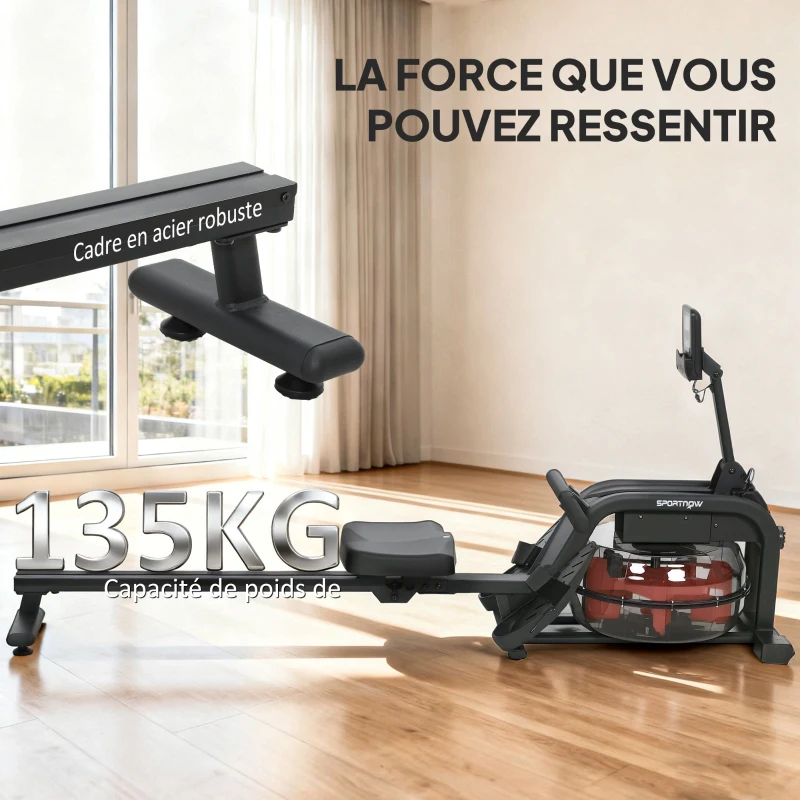 SPORTNOW Rameur à eau, rameur musculation d'appartement réservoir ajustable 6-11L écran LCD support de tablette 170x46x77cm noir