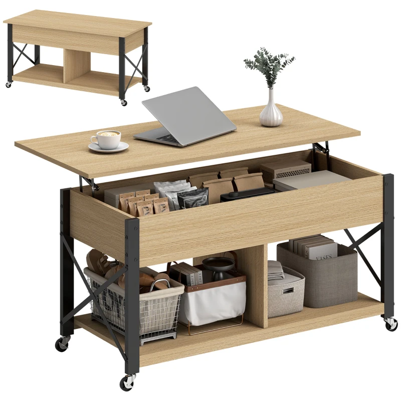 HOMCOM Mesa de Centro Elevatória com Rodas Compartimento Oculto e Prateleiras Abertas 105x50x67 cm Madeira e Branco