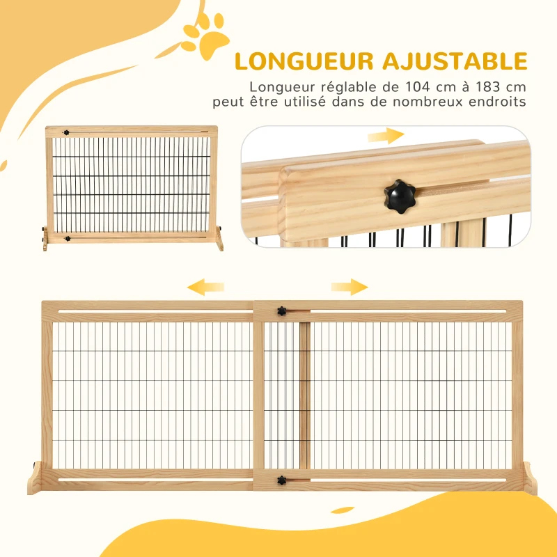 PawHut Barrière de sécurité pour chien extensible longueur réglable 104-183 x 36 x 69 cm pin bois naturel