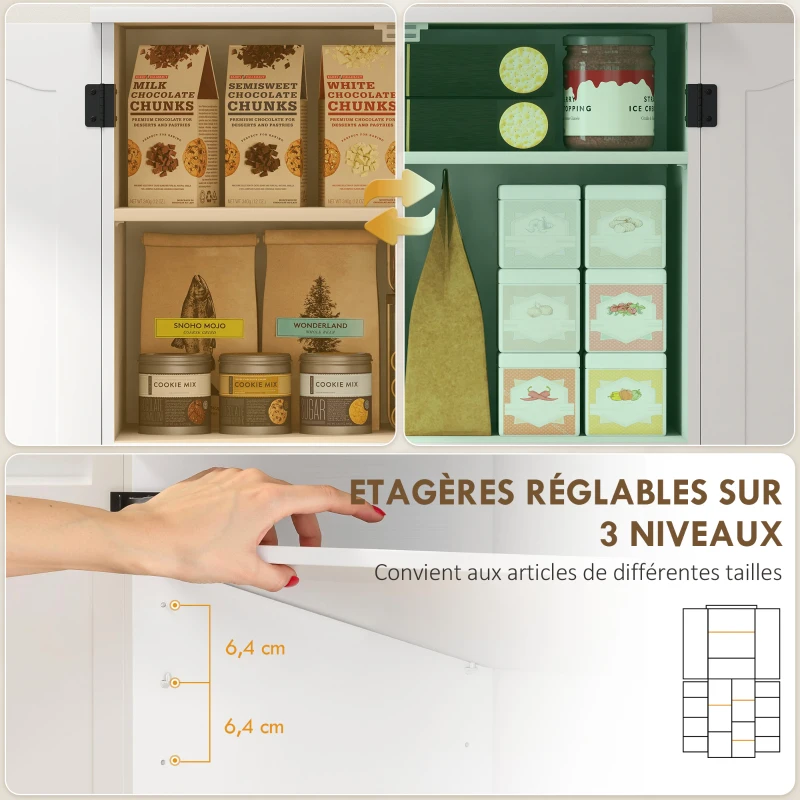 HOMCOM Buffet haut cuisine, armoire de cuisine, 4 portes, 10 niches, 8 porte-épices et étagères réglables, 60x35x162cm, blanc