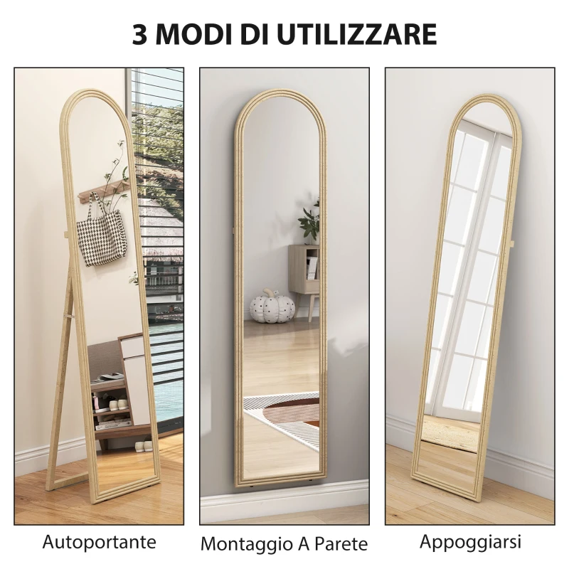 HOMCOM Specchio da Terra e Parete a Figura Intera con Cavalletto, Effetto Pietra e Forma ad Arco, 40x160 cm, Beige