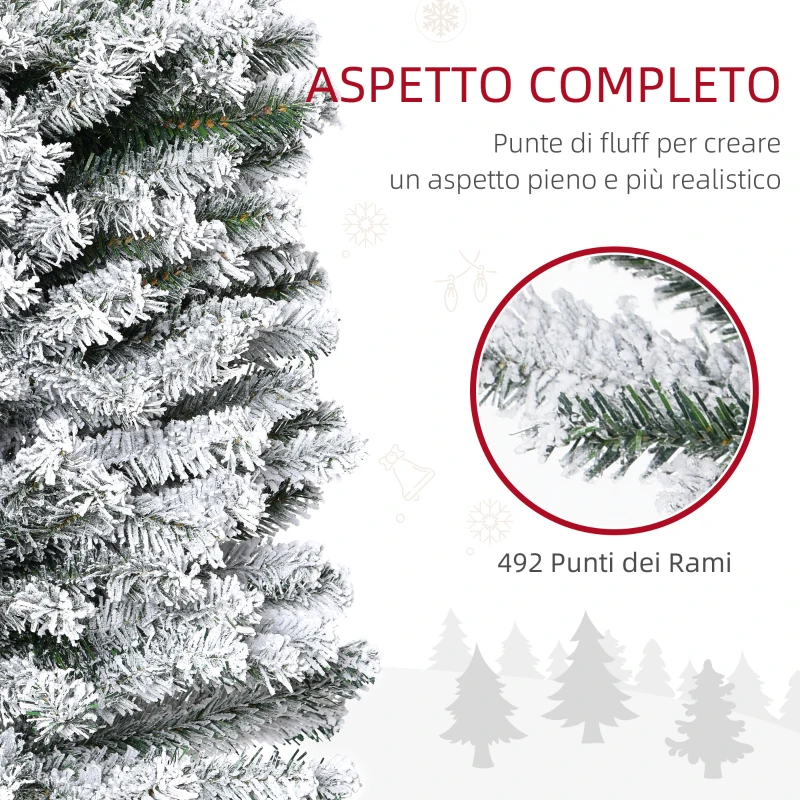 HOMCOM Albero di Natale Innevato in PP Verde con 492 Rami Ignifughi e Base in Acciaio Inox, Ø60x180 cm