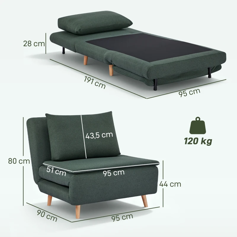 HOMCOM 3-in-1 slaapfauteuil met bedfunctie, ligfauteuil, verstelbare rugleuning, beukenhouten poten, kussen, Donkergroen
